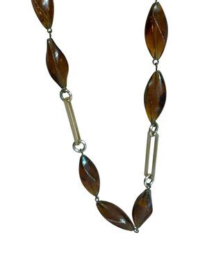 Vintage Brown  & Gold-Tone Elongated Bead Necklace 24" Long Twist Beads Retro